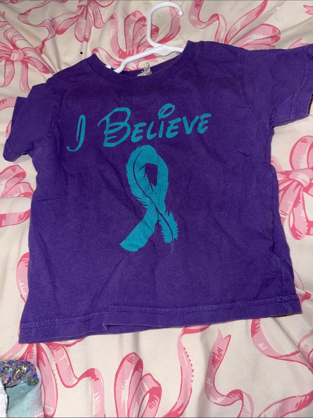 Kids Purple 'I Believe' Graphic Tee with Teal Ribbon